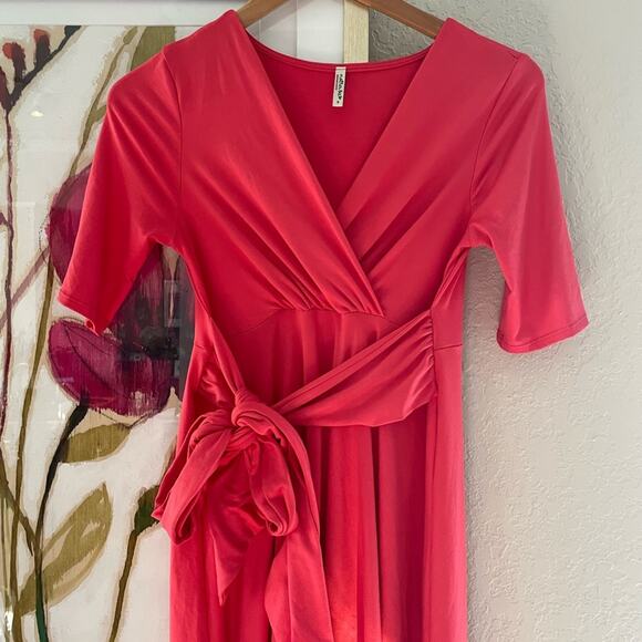 Mother Bee Maternity Coral Wrap Bow Dress Adjustable Belt Stretchy - Picture 2 of 6